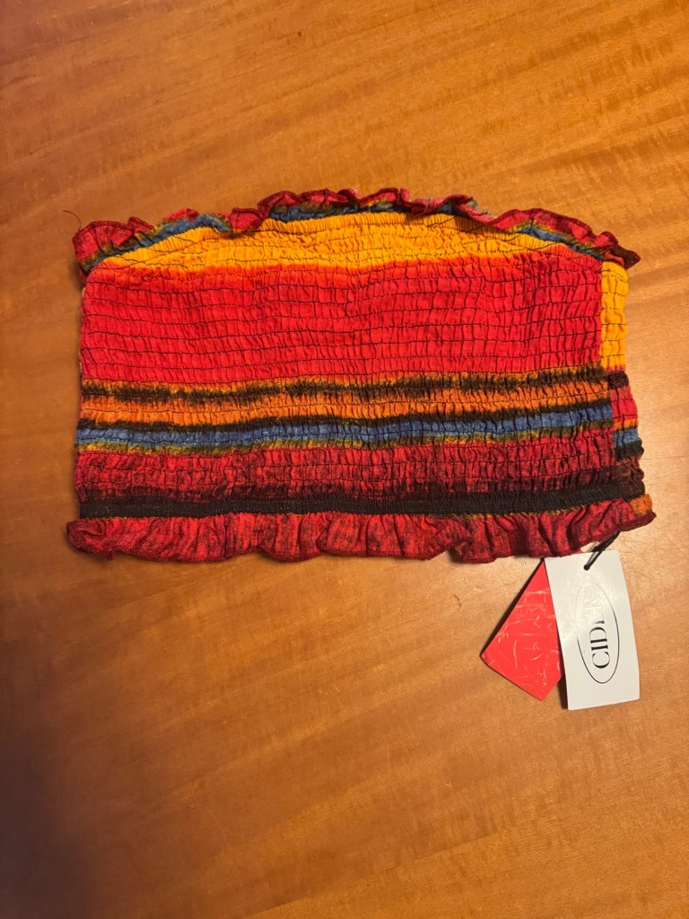 Cider Smocked Strapless Top in Red, Yellow & Blue Multi-Stripe